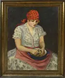 N. Zeleky, Vrouw aan het aardappelen schillen, 1929, Olieverf op linnen
