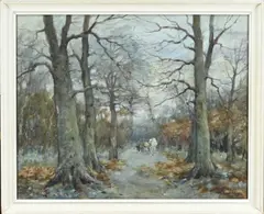 J. van Velzen, Bosgezicht met boeren en paardenkar, Aquarel op papier