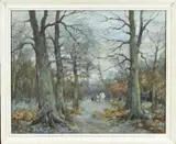 J. van Velzen, Bosgezicht met boeren en paardenkar, Aquarel op papier