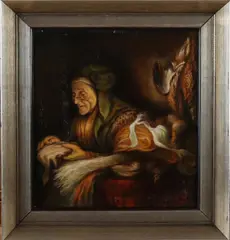 Johan Mensink, Handwerkende boeren vrouw, Olieverf op paneel