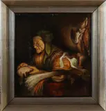 Johan Mensink, Handwerkende boeren vrouw, Olieverf op paneel