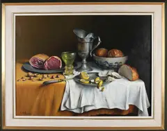Anton Verhoeven, Stilleven met glas, tin etc., Olieverf op linnen