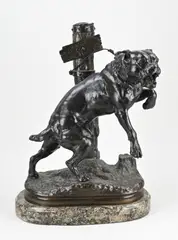 Groot 19e eeuws bronzen figuur, Hond aan boomstam