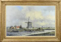 M. de Jongere, Hollands poldergezicht met windmolen, Olieverf op linnen