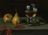C. Cornelisz, Stilleven met Roemer, peer, bosbessen en granaatappel, Olieverf op paneel