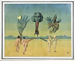 F. Diekmann, Surrealistische figuren voorstelling, Olieverf op paneel
