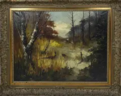Groot werk van John Bevort, Landschap met berkenbomen en fazanten, Olieverf op linnen