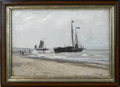 Eugen Kampf, Vissersboten met vissersvolk bij het strand, Olieverf op linnen
