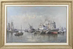 Joop Molenaar, Rotterdams havengezicht, Olieverf op paneel