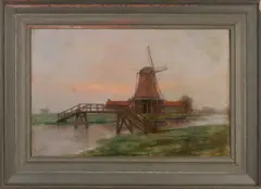 Romain Steppe, Riviergezicht met windmolen en brug, Olieverf op linnen