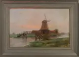 Romain Steppe, Riviergezicht met windmolen en brug, Olieverf op linnen