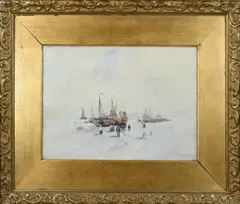 Henri Cassiers, Strandgezicht met bomschuiten en vissersvolk, Aquarel op papier