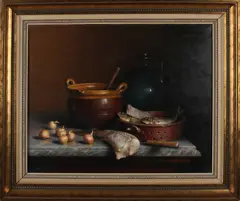 Anton Verhoeven, Stilleven met aardewerk en vis, Olieverf op linnen