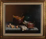 Anton Verhoeven, Stilleven met aardewerk en vis, Olieverf op linnen