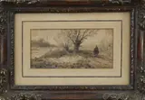 Johannes Franciscus Hoppenbrouwers, Wandelaar langs rivier, Aquarel op papier