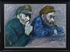 Onduid. gesig., Twee boeren bij balie, Gouache op papier