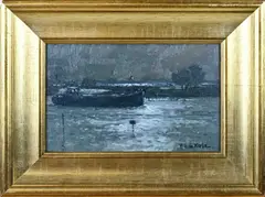 H.G. de Korte, Vrachtboot op de IJssel, Olieverf op linnen