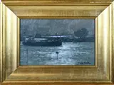 H.G. de Korte, Vrachtboot op de IJssel, Olieverf op linnen