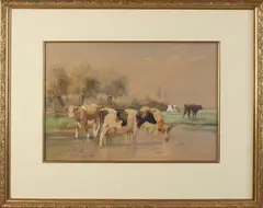 Dirk Peter van Lokhorst, Koeien bij drenkplaats, Aquarel op papier
