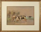 Dirk Peter van Lokhorst, Koeien bij drenkplaats, Aquarel op papier