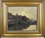 Chris Snijders Fecit, Hollands havengezicht met platbodem, Olieverf op linnen op paneel