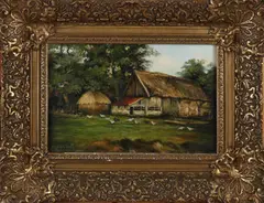 Johan Mensink, Twentse schuur met kippen en hooi, Olieverf op paneel