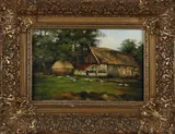 Johan Mensink, Twentse schuur met kippen en hooi, Olieverf op paneel