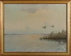 J. Fons?, Plasgezicht met opvliegende eenden, Olieverf op linnen