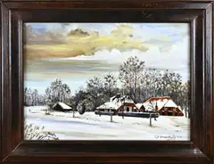 F.B. Groothuis, Twentse boerderij in de winter, Olieverf op paneel