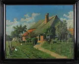 Johan Heesen, Boerderij met boerin en kippen, Olieverf op schilderskarton