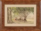 Willem Gerard Hofker, '30, Indonesisch landschap met paarden, Aquarel op papier