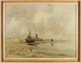 Onduid. gesig., Strandgezicht met bomschuiten en vissersvolk, Olieverf op linnen