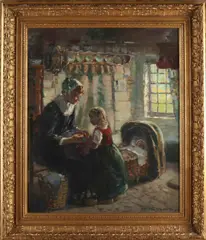 Daniel Mühlhaus, Larens interieur met moeder en kind, Olieverf op linnen