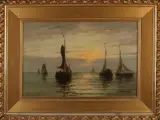 Willem Gruyter, Hollandse platbodems op zee, Olieverf op linnen