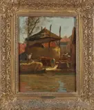 Evert Moll, Haven met hooikapschuur, Olieverf op paneel