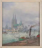 Max Oehler, Havengezicht Köln 1916, Olieverf op paneel