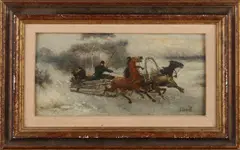 J. Orloff, Russische arreslee met figuren, Olieverf op paneel