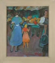 Werner Liechti, Figuren bij marktkraam, Olieverf op paneel