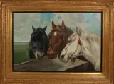 Paul Schouten, Paarden bij drinkbak, Olieverf op linnen
