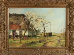 H. Endlich, Boerderij met bloesemboom, Olieverf op linnen