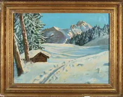 J. Kubny, Zwitsers besneeuwd berglandschap, Olieverf op linnen