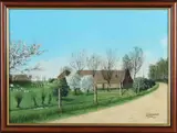 Jan Ouwersloot, Boerderij met bloesembomen, Olieverf op paneel