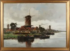 Henk Bellaard, Hollands havengezicht met windmolens, Olieverf op linnen