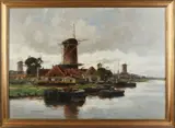 Henk Bellaard, Hollands havengezicht met windmolens, Olieverf op linnen