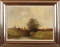 Antoon Markus, Landschap met dorp en vissers, Olieverf op linnen