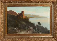 H. Martis?, Kustgezicht met kasteel, Olieverf op linnen