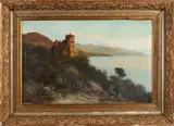 H. Martis?, Kustgezicht met kasteel, Olieverf op linnen