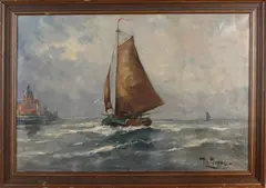 Platbodem bij monding van haven by M Hoppe, Olieverf op linnen, sold Apr 2022