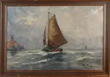 M Hoppe, Platbodem bij monding van haven, Olieverf op linnen