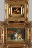 G.R. & G. Roy, Haan + kip/Twee kittens, Twee kleine olieverf schilderijen